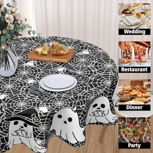 Halloween Round Tablecloth 60 Inch Ghost Spider Web Design - Reusable & Washable