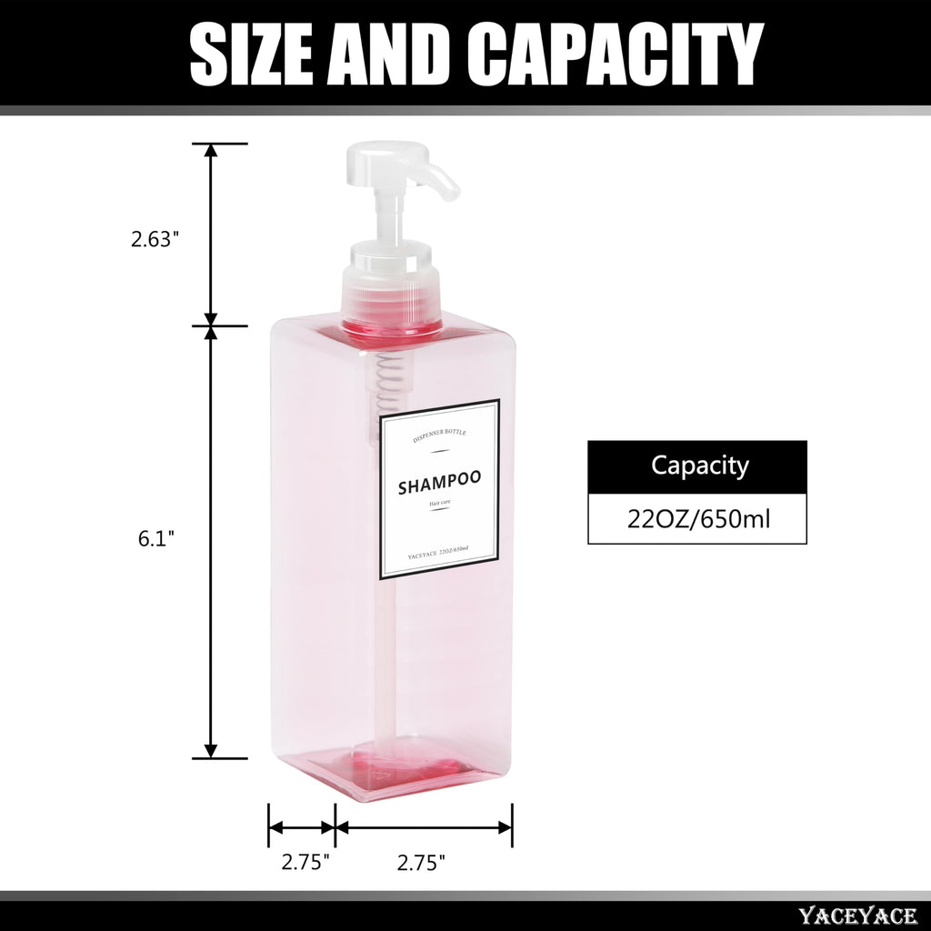 YACEYACE 22oz Set of 3 Travel Shampoo and Conditioner Dispenser, Empty Soap Dispenser, Pink Refillable Bottles