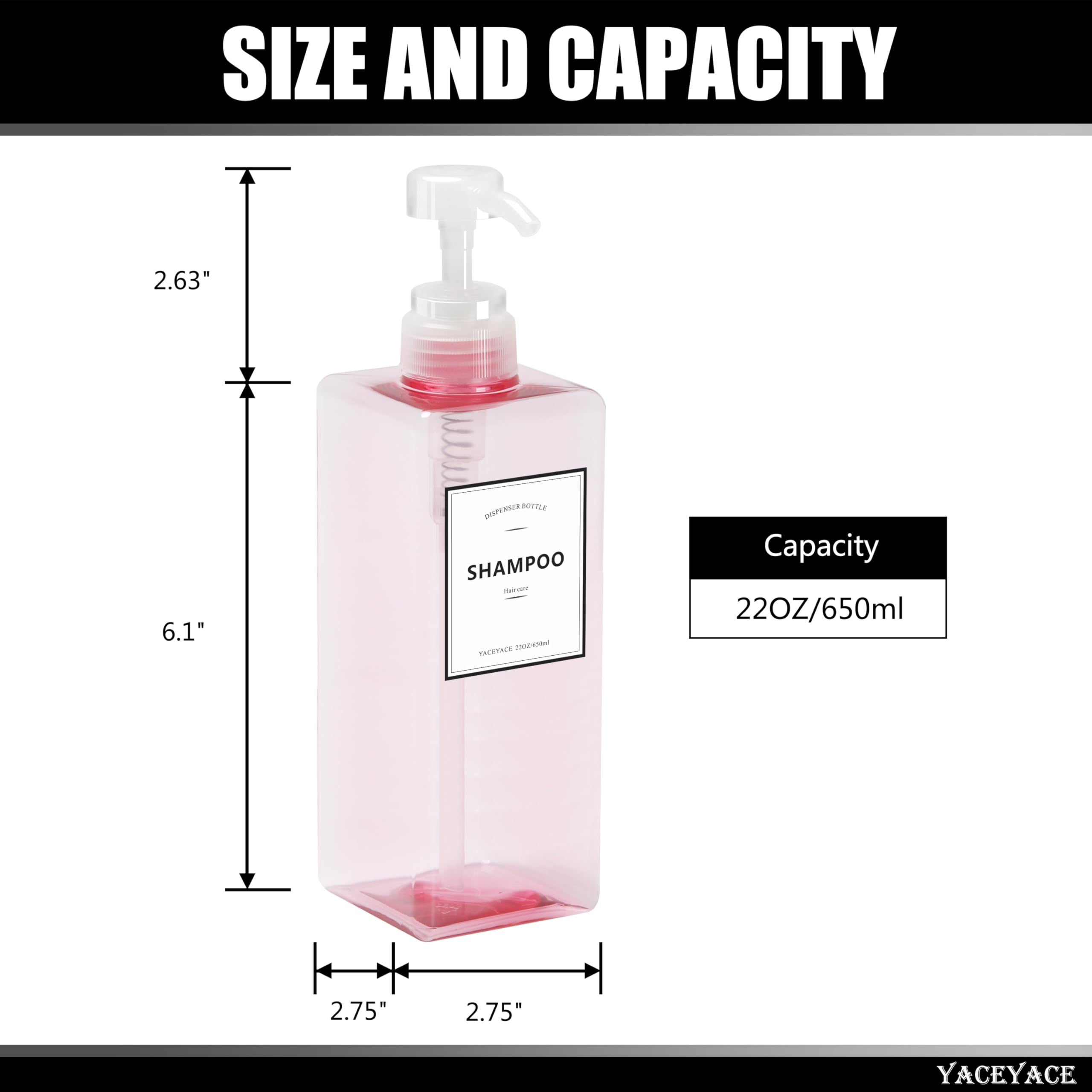 YACEYACE 22oz Set of 3 Travel Shampoo and Conditioner Dispenser, Empty Soap Dispenser, Pink Refillable Bottles