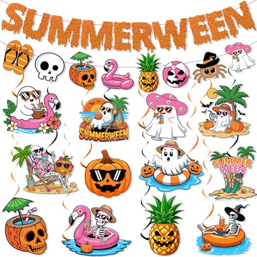 Summerween Party Decorations Set with Banner and Hanging Swirls - Halloween Summer Theme
