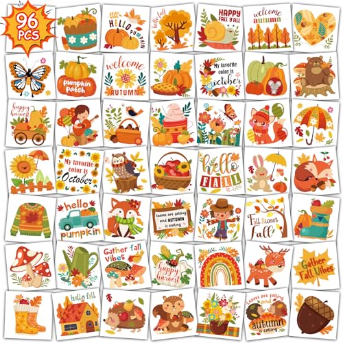 Kids Fall Temporary Tattoos Set - 96 Leaves, Animals, Pumpkins & Harvest Designs