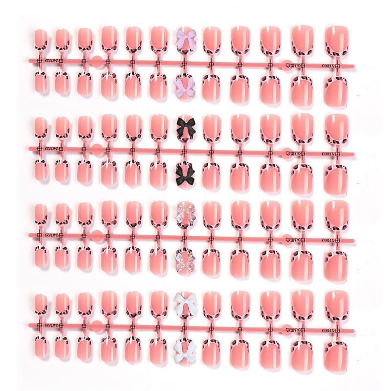 Medium Style Short Square Leopard Fake Nails Set with Bow Charms - Pink