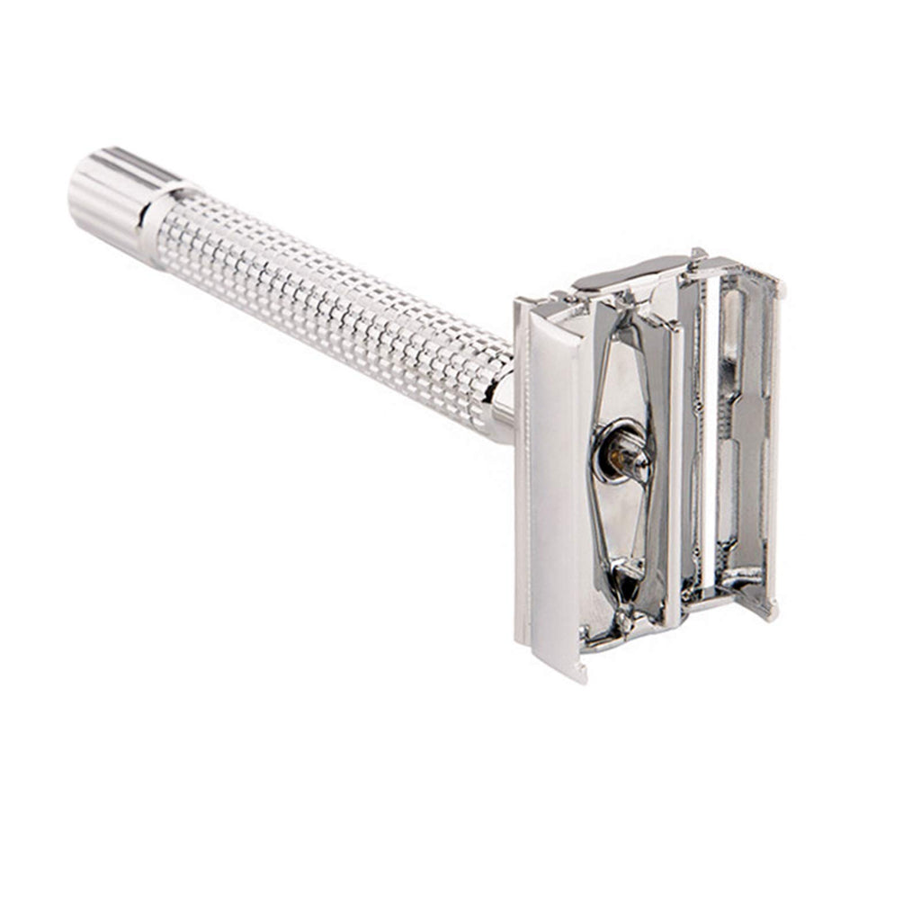 WEISHI Chrome Long Handle Butterfly Open Double Edge Safety Razor Kit - 1 Razor, 1 Stand & 10pcs Blades