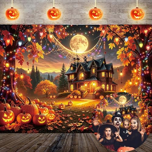 Halloween Fall Banner Backdrop 7x5FT Spooky Haunted House Pumpkin Moon Scene