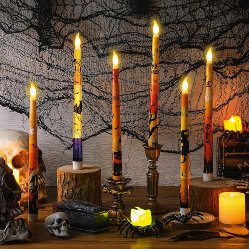 Orange Halloween Flameless Taper Candles Set of 6 - 3D Wick LED Candles