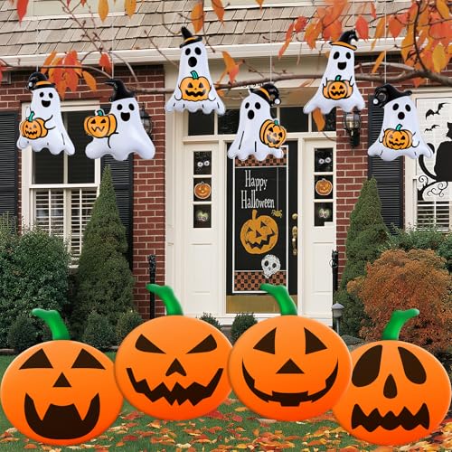 Halloween Inflatable Balloons Set - 10 Pieces with Pumpkin & Ghost Designs - Orange & White, 9 & 16 Inch