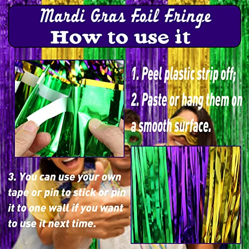8 Pack Mardi Gras Foil Fringe Curtain Backdrop - Gold Green Purple Variations
