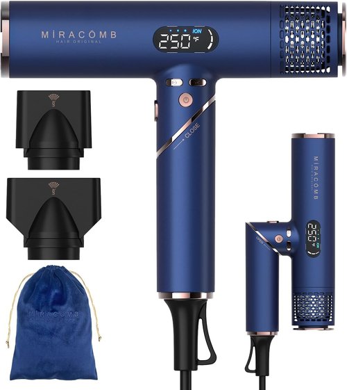 MIRACOMB Foldable Travel Hair Dryer - Powerful Ionic Blow Dryer with Brushless Motor | Lightweight & Portable