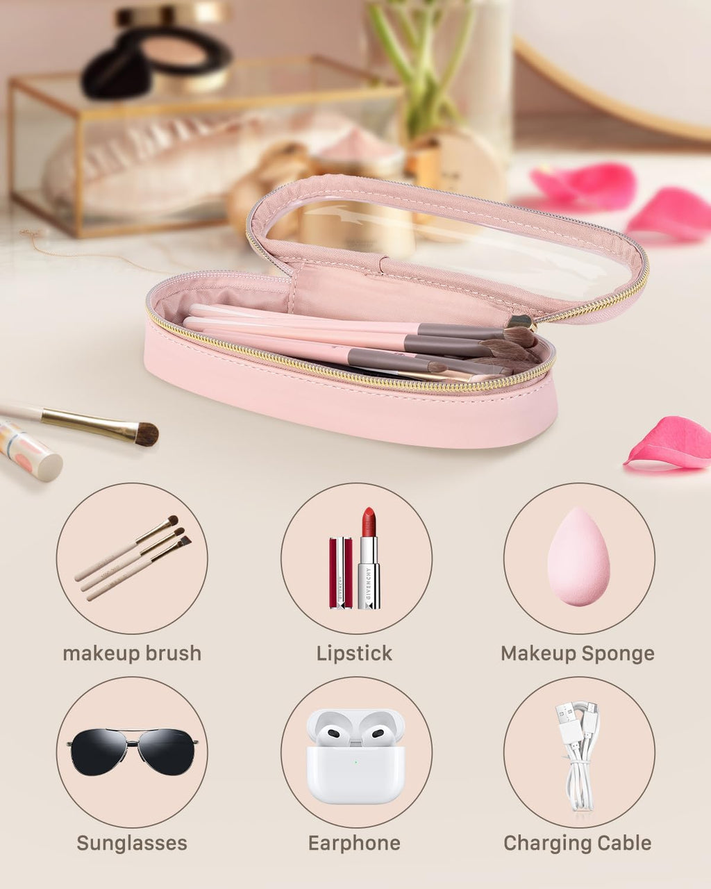 Soimeat Clear Travel Makeup Brush Holder - Waterproof Leather Cosmetic Case | Large Pink Design