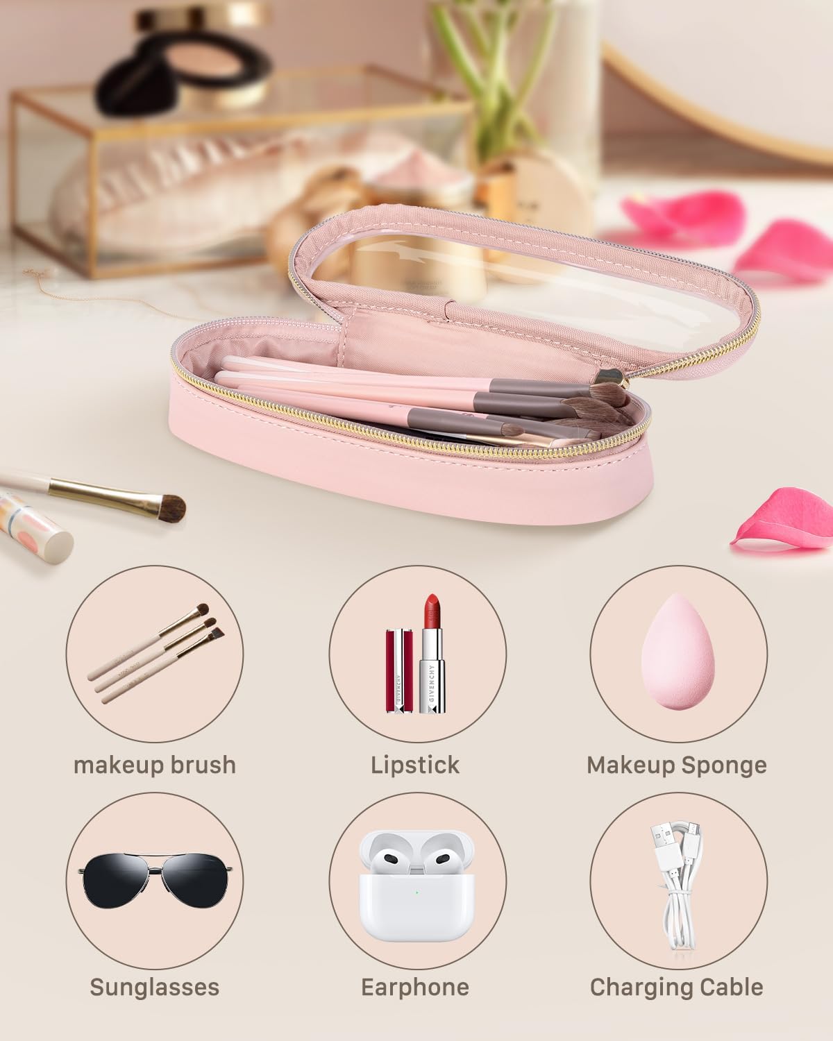 Soimeat Clear Travel Makeup Brush Holder - Waterproof Leather Cosmetic Case | Large Pink Design