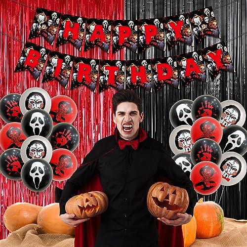 Halloween Birthday Party Decorations Kit - Banner, Tablecloth, Foil Curtains, Plates, Balloons & More