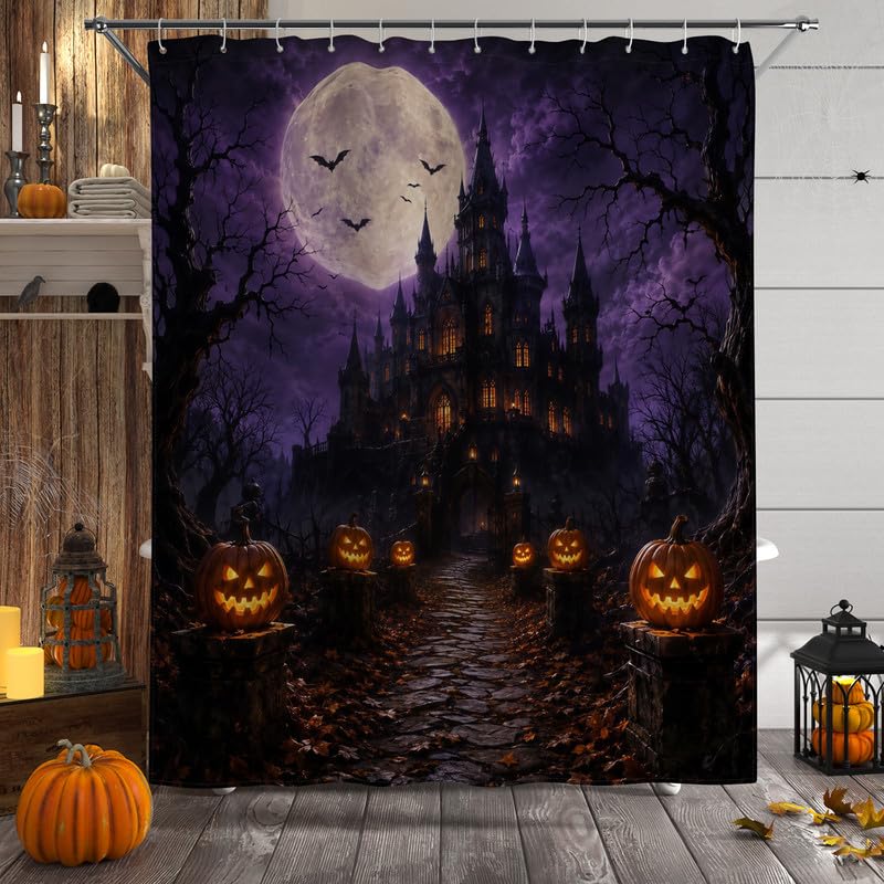 Violet Halloween Castle Shower Curtain with 12 Hooks - 72x72 Inches