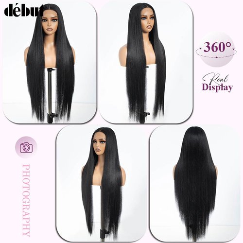 DÉBUT Light Yaki Straight Lace Front Wigs 36 Inches Super Long Wig 13x4x0.5 Middle Part Natural Hairline with Baby Hair Synthetic Wig for Women 1B Color