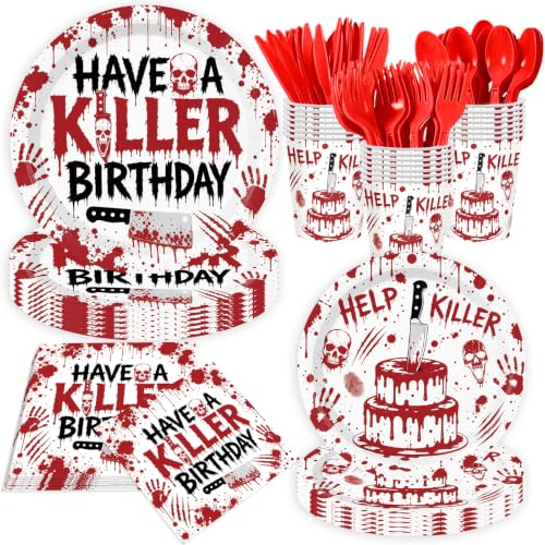 Killer Birthday Party Tableware Set - Horror Halloween, White & Red, 168 Pieces