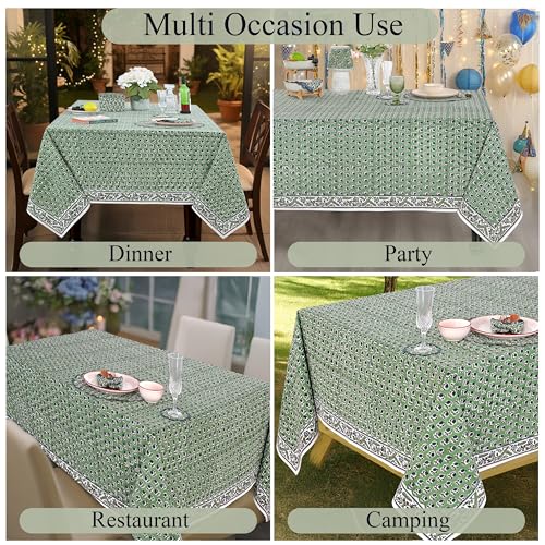Ridhi Green 60x60 Inch Cotton Square Tablecloth - Hand Block Print, Fall & Holiday Decor
