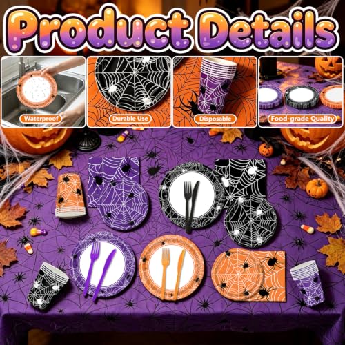 Halloween Spider Web Party Tableware Set for 24 Guests - Plates, Napkins, Cups, Forks & Tablecloths