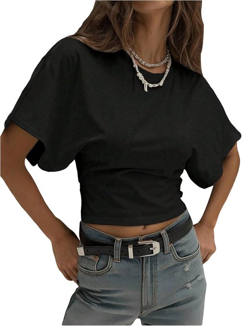 GORGLITTER Women's Cinched Waist Dolman Sleeve Top - Short Sleeve Crewneck in Stylish Design