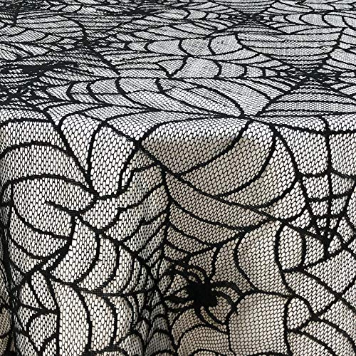Halloween Lace Tablecloth - 70 Inch Round Spider Web Overlay, Black Polyester