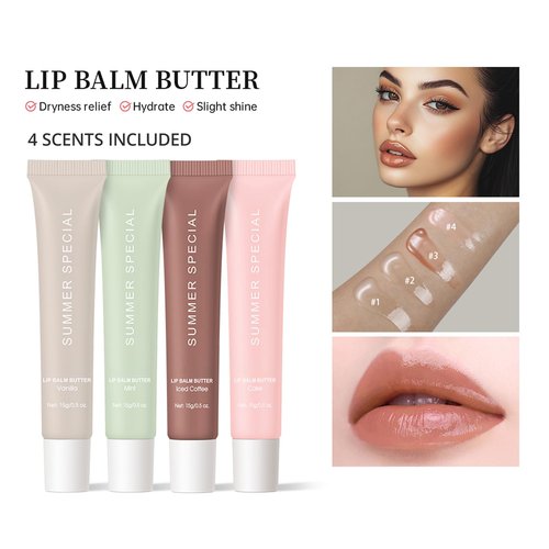 4 PCS Summer Special Lip Butter Balm, Hydrating, Nourishing Lip Care with Shea Butter & Olive Oil, Sheer Tinted Shine, Instant Moisture & Soothing Dry Lips (Vanilla/Mint/Coffee/Cake)