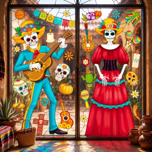 Day of the Dead Window Clings - Extra Large Mexican Decor Set, 2 Sheets