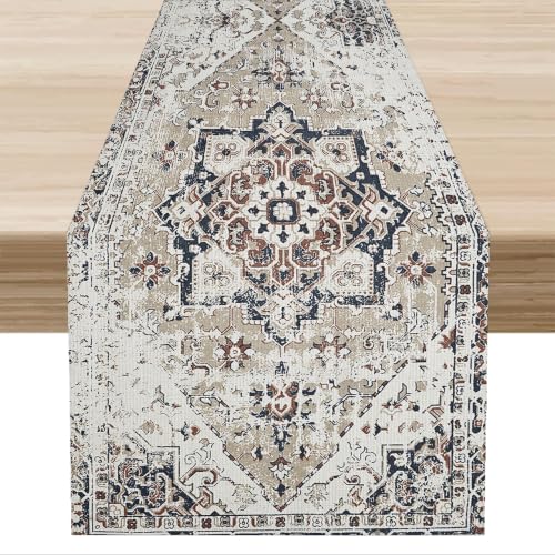Bohemia Table Runner 13x60 Inch - Retro Geometric Farmhouse Decor - Grey