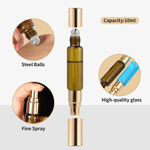 Seiyeje 2-in-1 Refillable Perfume Bottle 10ml (2 Pack), Dual-Head Spray & Roller Design, Leakproof Travel Atomizer for Perfume, Cologne and Essential Oils