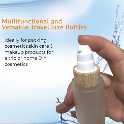 BEECO GIF2U Empty Cosmetic Bottles 2oz/60ml 2 Pack with Bamboo Cap,Frosted Glass Lotion Pump DispenserRefillable Emulsion Cosmetic Cream Bottles, Toiletries Refill Travel Containers(Frost Clear)