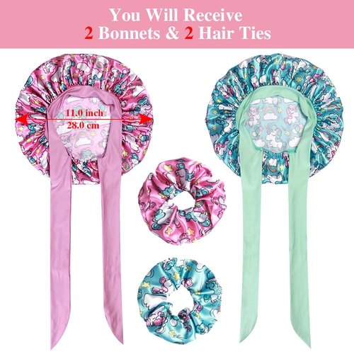 2+2 Satin Bonnets with Scrunchies for Kids, Cute Hair Bonnets for Girls Sleeping Curly Hair, E