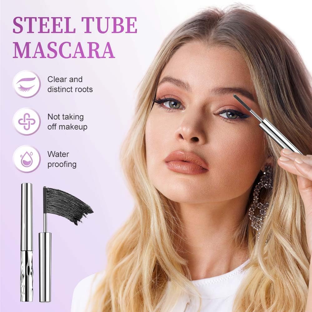 Steel Tube Metal Wand Mascara - Waterproof Tubular Formula for Long-Lasting, Smudge-Proof Lashes (Black + Brown)