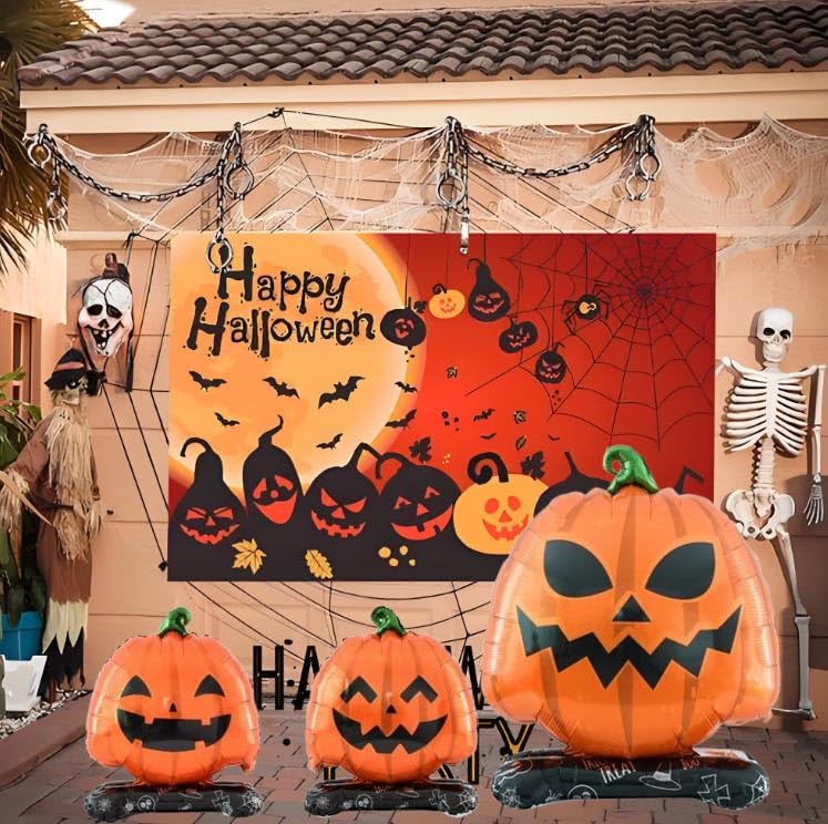 Halloween Pumpkin Balloons Kit - 4 Aluminum Foil Standing Decor Sets