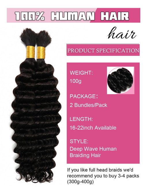 Human Braiding Hair 1 Bundles/Pack 100g 20 Inch Deep Wave Curly Bulk 100% Human Hair for Braiding No Weft 10A Brazilian Virgin Human Hair Extensions for Boho Braids Natural Black Wet and Wavy