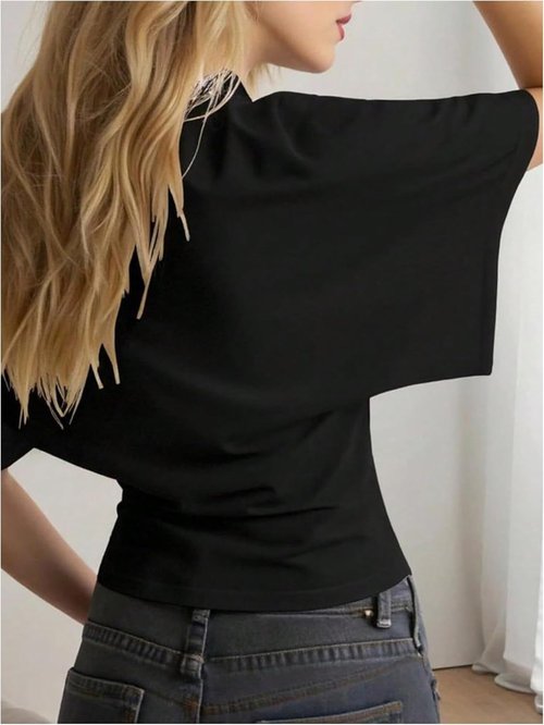GORGLITTER Women's Cinched Waist Dolman Sleeve Top - Short Sleeve Crewneck in Stylish Design