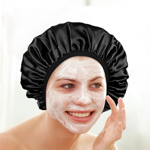 Skiennix Satin Shower Cap - Three-Layer Terry Cloth Lined, Waterproof & Reusable for Long Thick Hair | Black