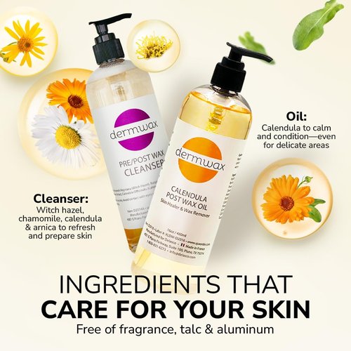 Dermwax Pre and Post Wax Care Kit – Complete Prep & Aftercare in One Set – Cleanser Removes Oils & Residue – Calendula Oil Calms & Nourishes Skin – Gentle, Paraben-Free Formulas