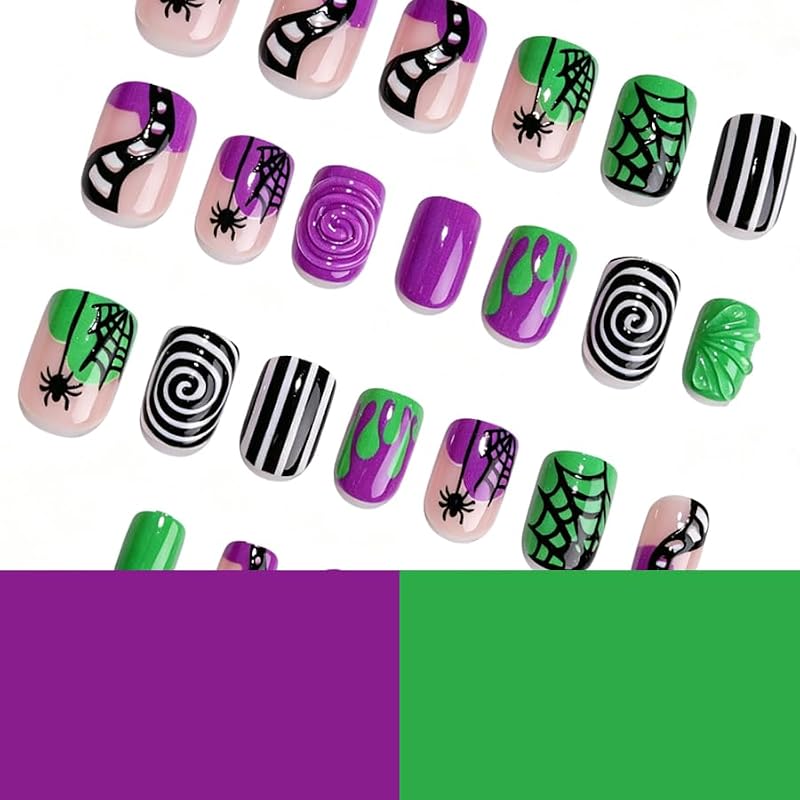 Halloween Press On Nails Set - Style 925 Short Square Purple Green Spider Web & Drip Designs, 24 Pcs