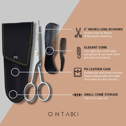 Ontaki Beard & Mustache Trimming Scissors - 5-Inch, Silver, Pack of 1 - Mustache Care Kit with Travel Comb - Compact Travel Pouch & Grooming Kit - 410C German Steel Durability & Beard Scissors