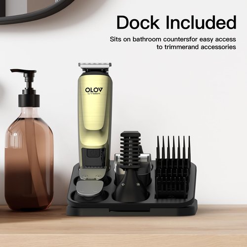 OLOV CYBER Beard Trimmer for Men, 17-in-1 Mens Grooming Kit with 6 Trimmer Heads, Cordless Hair Clippers Rechargeable with Charging Dock, IPX7 Waterproof Wet Dry Use for Body Face Nose & Mustache