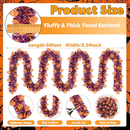 50 FT Halloween Tinsel Garland with Purple & Black Pumpkins - Glitter Decor Streamers