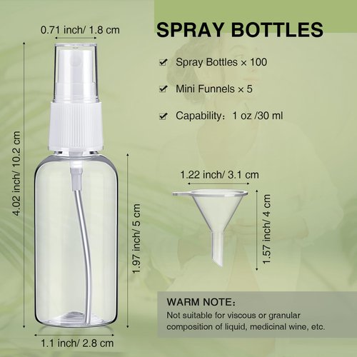 Uiifan 100 Pcs Mini Clear Spray Bottles 1 oz Small Empty Plastic Fine Mist Spray Bottles with Small Funnels for Essential Oils Travel Alcohol Perfumes