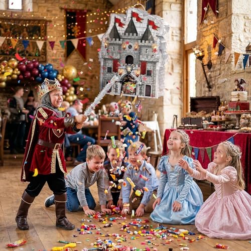 Medieval Castle Piñata with Blindfold and Bat - Knight Theme Party Accessory