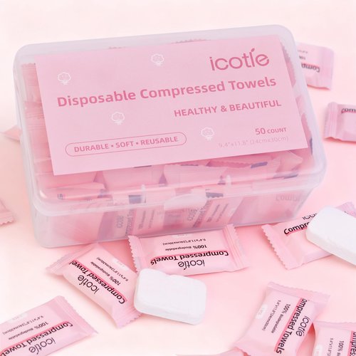 ICOTLE 50 Pcs Compressed Towels Disposable Cotton Coin Tissue Pack, Portable Face Cloths, Soft Thick Expandable Wash Towels for Travel, Home, Camping, Outdoor, Gym, Makeup Removal