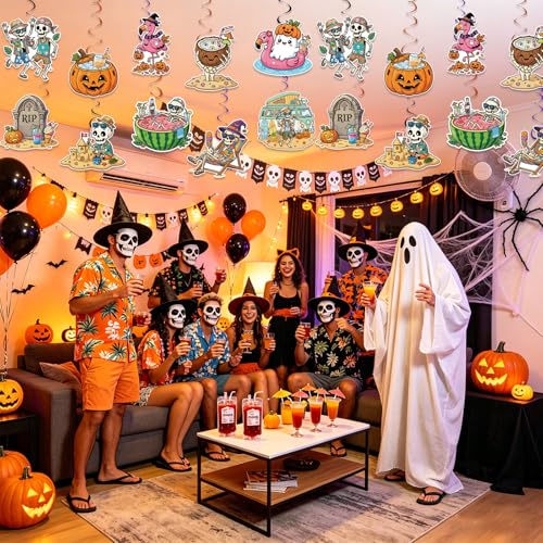 Summer Halloween Party Decorations Set - Tropical Beach & Pool Theme, Ceiling Swirls & Cardstock Decor