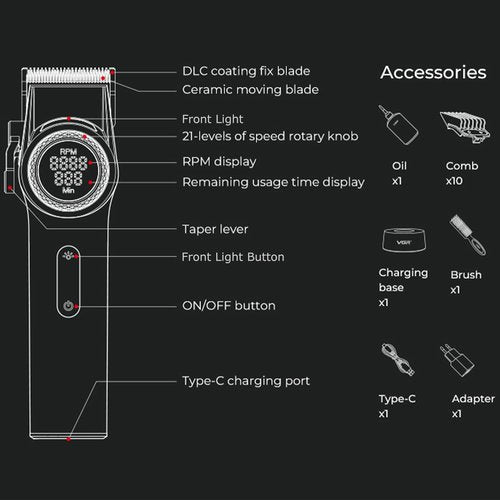 VGR 001 Professional Hair Clippers for Men, Cordless Barber Clippers for Hair Cutting, Carbon Steel Blade Hair Trimmers for Barbers, 9000RPM, LED Display, Green