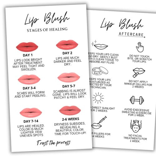 Lip Blush Aftercare Instruction Cards | 50 pack 2 x 3.5 Inch business card size | Lip Blush Permanent Makeup Tattoo Aftercare