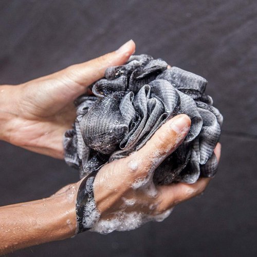 Toem® Loofah Back Scrubber for Shower | Bamboo Charcoal Fiber Infused | Loufas for Men & Women | Includes 1 Long Handled Shower Sponge, 1 Bath & Shower Luffa Pouf & 1 Hook to Hang Stuff (Slate Grey)
