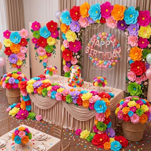 Giant Paper Flowers Decoration Set - Mexican Fiesta Theme, 96 Pieces