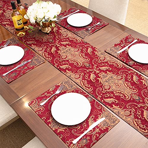 Red Chenille Damask Placemats Set of 6 - Luxury Jacquard Christmas Table Decor