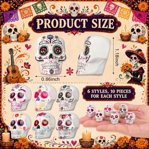 Colorful Day of The Dead Skulls Decorations - Mini Altar Sugar Skulls, 60 Pieces