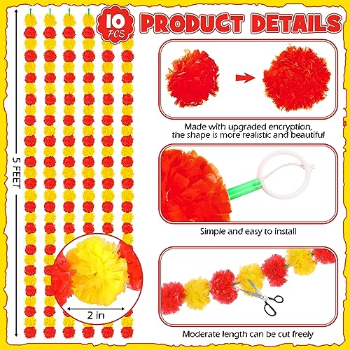 Artificial Marigold Garlands 10 Pack 5 ft Bright Red and Yellow Flower Decor