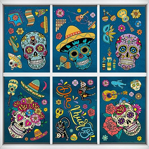 Dia de Los Muertos Halloween Window Stickers - Sugar Skull Skeleton Gnome Flowers - Reusable Party Decals